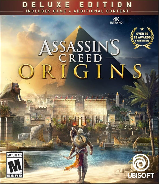 Deluxe Edition cover for Assassin's Creed: Origins, showcasing a grand depiction of ancient Egypt with pyramids and the Nile. Buy Assassin's Creed: Origins Deluxe Edition PC CD Key on RushGame.co for exclusive content and additional in-game rewards.