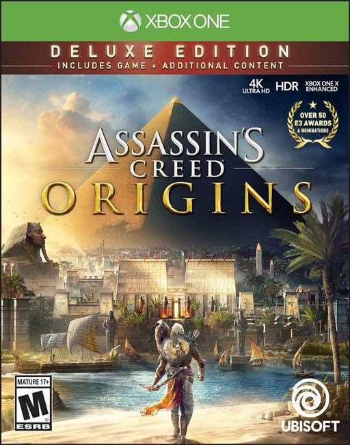 This official cover features Bayek, the game's protagonist, standing before the majestic pyramids of ancient Egypt. Get your Assassin's Creed: Origins Deluxe Edition Xbox One CD Key now at RushGame.co for an immersive action RPG experience