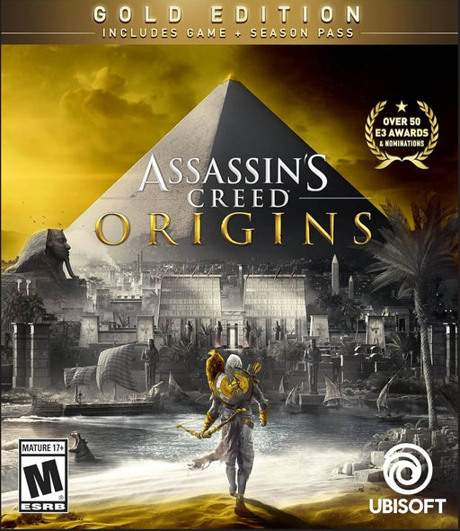 This cover image for Assassin's Creed Origins Gold Edition showcases the game's stunning depiction of Ancient Egypt with its pyramids and rich landscapes. Get your Assassin's Creed Origins Gold Edition PC Ubisoft Connect CD Key now at RushGame.co for instant digital delivery.