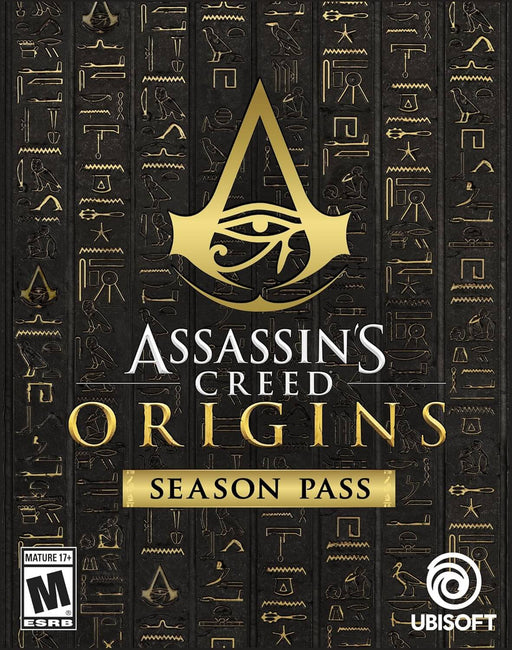 This is the official cover art for Assassin's Creed Origins - Season Pass on PC Ubisoft Connect, featuring a golden Assassin’s logo against a background of ancient Egyptian hieroglyphs. Get your digital game key instantly at RushGame.co and expand your adventure in ancient Egypt with new missions and exclusive content