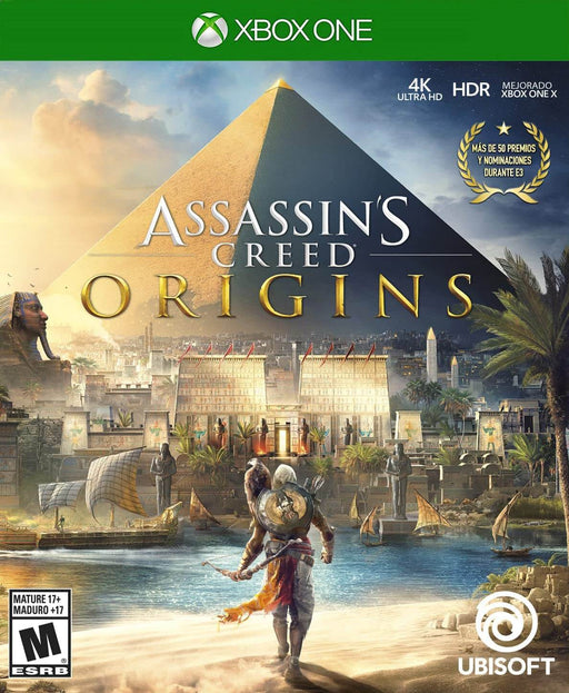 Cover art of Assassin's Creed: Origins for Xbox One, featuring the protagonist standing before the Great Pyramid of Giza. Get your digital Xbox game key instantly at RushGame.co and explore the origins of the Brotherhood