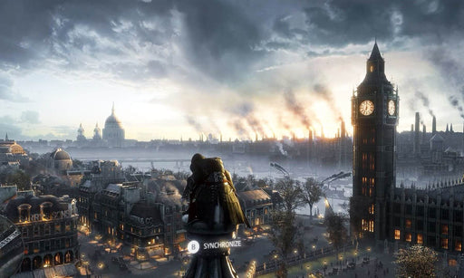 A high vantage view of London in Assassin’s Creed Syndicate, with Big Ben and the industrial revolution skyline in the background. Get your Xbox One CD key at RushGame.co