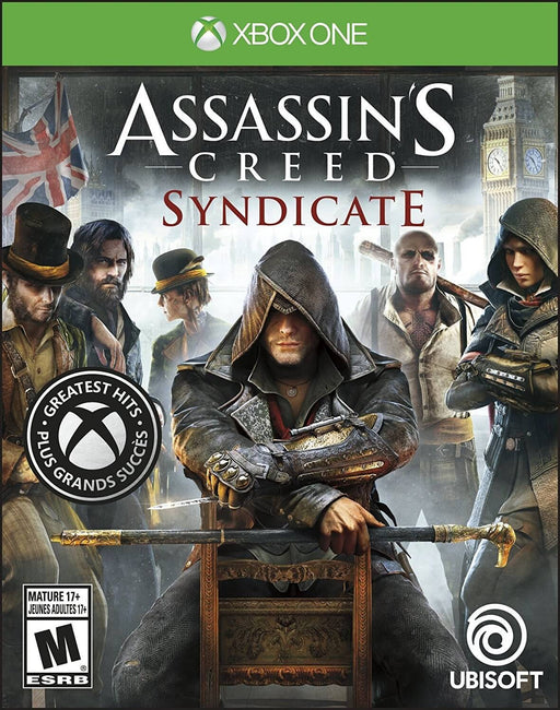 Official cover art for Assassin’s Creed Syndicate on Xbox One, featuring Jacob Frye and Evie Frye with their gang in Victorian London. Buy now at RushGame.co.