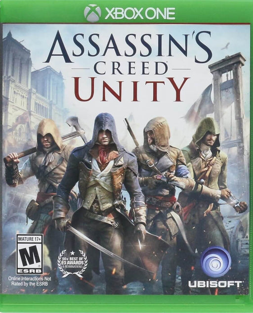 The official cover of Assassin's Creed Unity for Xbox One, featuring four hooded assassins armed with swords, axes, and hidden blades, standing in front of a guillotine in revolutionary France. Purchase your Assassin's Creed Unity Xbox One CD Key instantly at RushGame.co for fast digital delivery