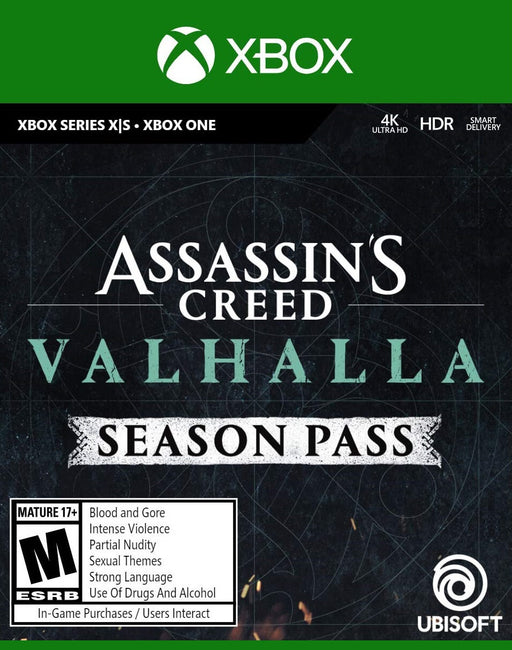 The official cover for Assassin's Creed Valhalla - Season Pass on Xbox One, featuring the game's title and Ubisoft branding. Get your digital key instantly at RushGame.co and expand your Viking adventure with exciting DLC content