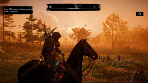  A warrior riding a horse through an autumn landscape, bathed in golden light