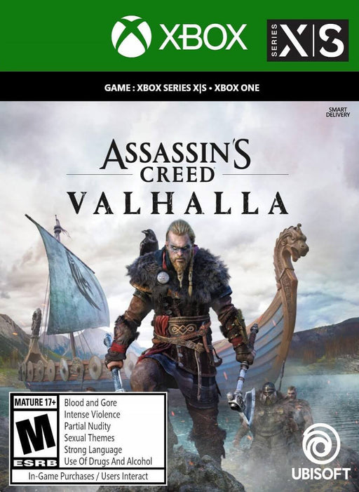 Official cover art for Assassin’s Creed Valhalla Xbox One US edition, highlighting Viking warriors and their longship