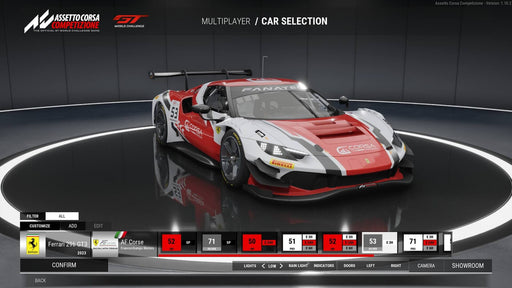 A Ferrari 296 GT3 in the showroom selection screen of Assetto Corsa Competizione, highlighting multiplayer racing features. Dominate the GT World Challenge—get your game key now at RushGame.co