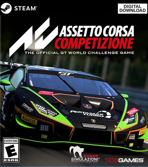 Official cover art for Assetto Corsa Competizione on PC Steam, featuring a Lamborghini Huracán GT3 in intense competition. Get your digital game key now at RushGame.co