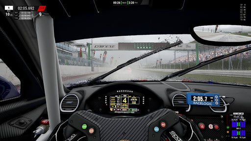 A first-person view from inside a Porsche race car in Assetto Corsa Competizione Ultimate Edition, with realistic rain effects on the windshield. The dashboard displays lap times, speed, and various telemetry data as the car races down a wet track. Get the ultimate racing experience at RushGame.co