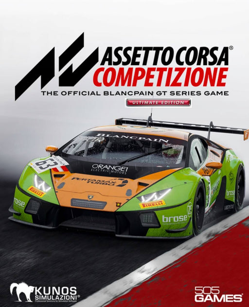 The cover of Assetto Corsa Competizione Ultimate Edition for PC on Steam, featuring a Lamborghini Huracán GT3 in an intense rain-soaked race. The game's logo is prominently displayed, highlighting its official Blancpain GT Series license. Available now at RushGame.co.