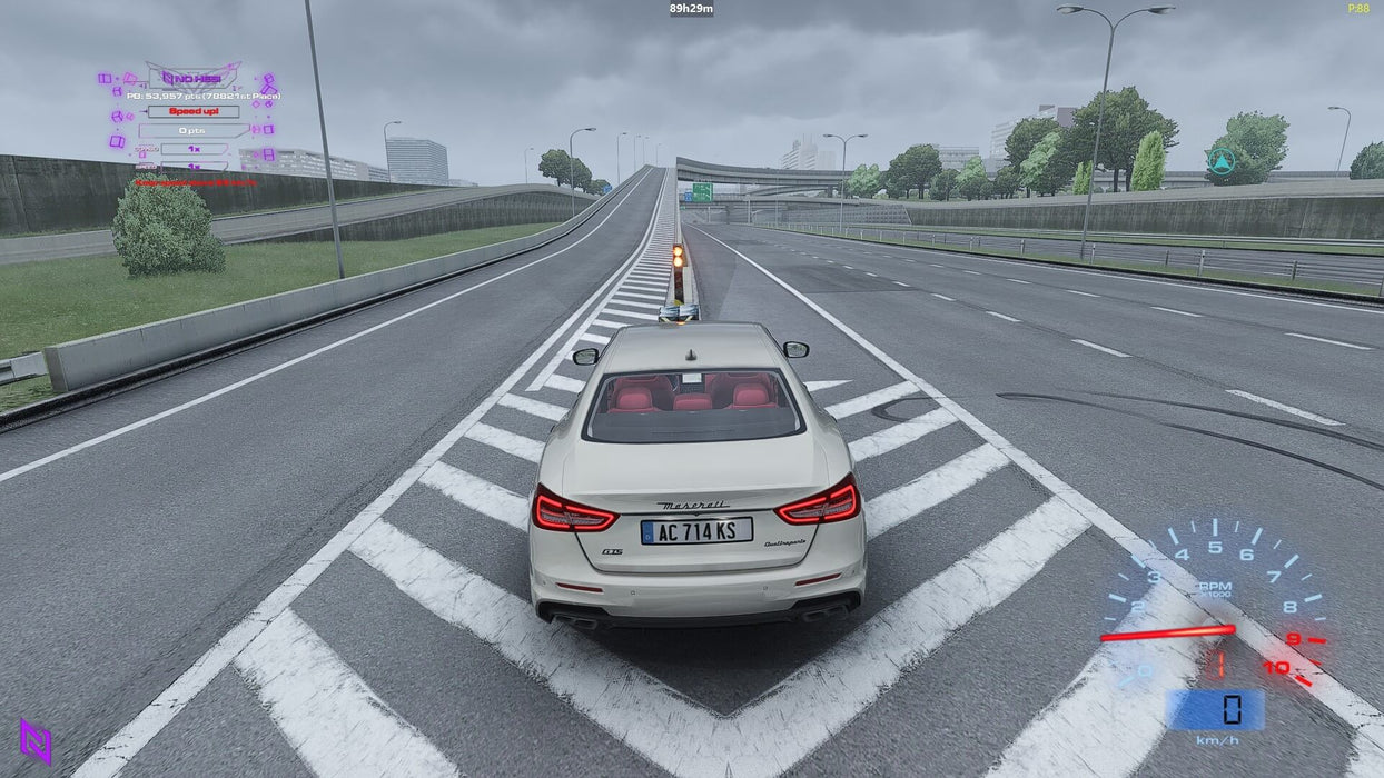 A Maserati Quattroporte driving on an empty highway, with a digital dashboard interface visible in the game. Get your Assetto Corsa Xbox One CD Key from RushGame.co and take control of luxury sports cars in stunning open environments.