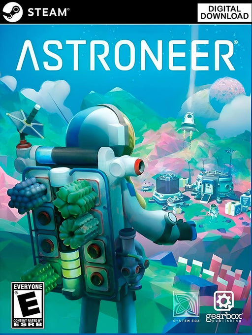 cover art of Astroneer for PC on Steam, featuring a space explorer with a backpack filled with resources, gazing at a colorful alien landscape. Buy your Astroneer Steam CD Key at RushGame.co for instant digital delivery