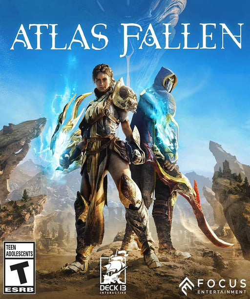 Cover art of Atlas Fallen for PC Steam, showcasing two warriors wielding magical weapons against a backdrop of ancient ruins. Buy now at RushGame.co!