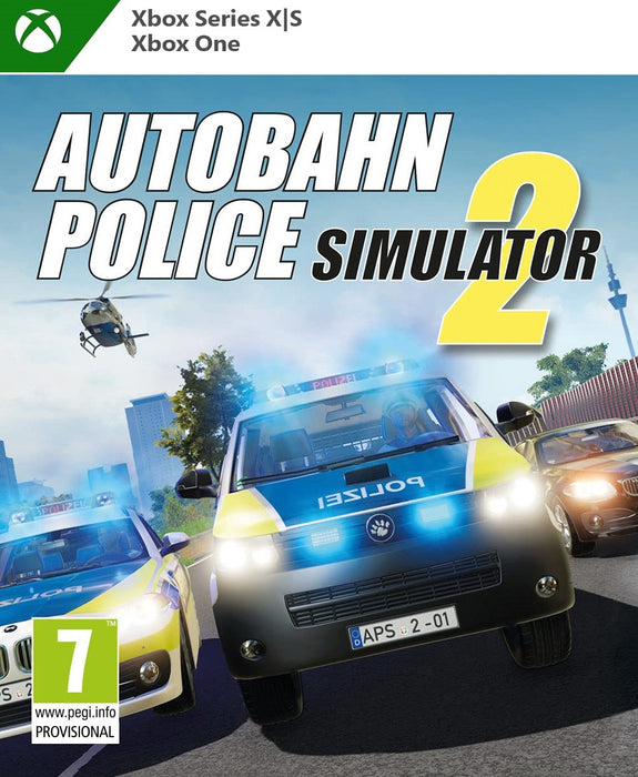 Cover art for Autobahn Police Simulator 2 on Xbox Series X|S and Xbox One, showcasing police vehicles in action with flashing lights. Get your digital Xbox key for Autobahn Police Simulator 2 at RushGame.co and experience high-speed law enforcement on the autobahn