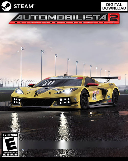 cover art for Automobilista 2 on PC Steam, showcasing a high-performance yellow race car on a wet track at night. Get your digital game key instantly at RushGame.co and experience top-tier motorsport simulation