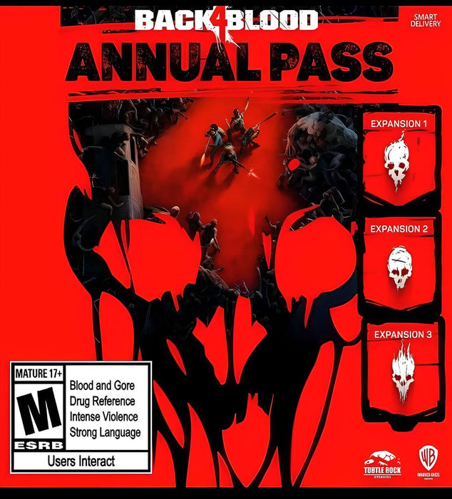 This game cover showcases the intense, action-packed world of Back 4 Blood, featuring survivors fighting against hordes of the infected on a blood-red battlefield. Find your Back 4 Blood Annual Pass PC Steam CD Key on RushGame.co and unlock thrilling expansions for this co-op zombie shooter