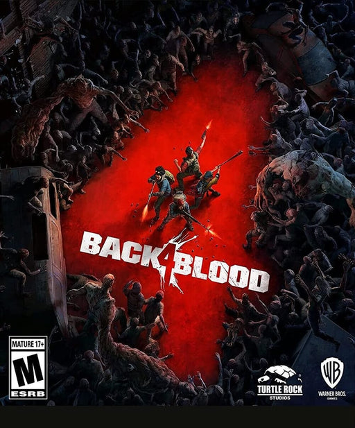 Cover art of Back 4 Blood for PC Steam, featuring four armed survivors surrounded by a horde of terrifying zombies in a blood-red battlefield. Get your digital activation key for this intense co-op shooter at RushGame.co and join the fight against the Ridden today!