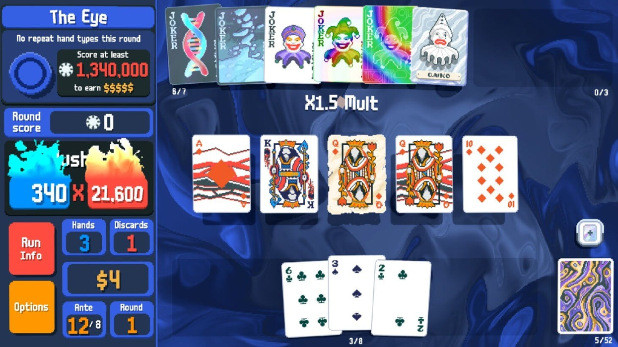 A strategic poker-based roguelike card game interface, displaying a unique deck with jokers, special effects, and multipliers. The player is in the middle of a high-stakes hand, aiming for a massive score in this engaging, deck-building experience. Grab your Balatro Steam CD Key at RushGame.co and master the ultimate roguelike poker challenge.