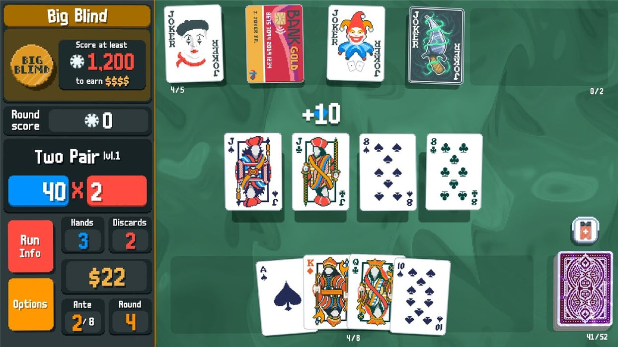 A dynamic in-game screenshot of Balatro showcasing a flush hand with multiplier effects and jokers boosting the score. The interface features a vibrant red background, emphasizing the intensity of the match. Buy your Balatro PC Steam Key from RushGame.co and test your skills in this addictive deck-building poker game.