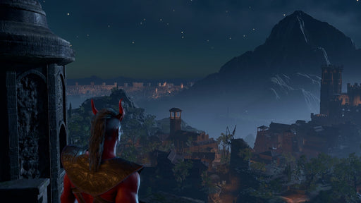 A Tiefling character overlooking a medieval fantasy city at night in Baldur's Gate 3. The dark skyline and glowing torches set an atmospheric scene. Get the Xbox Series X|S key at RushGame.co!