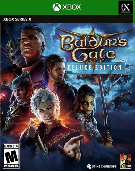 Baldur's Gate 3: Digital Deluxe Edition cover art for Xbox Series X|S, featuring a lineup of powerful characters, including Astarion, Lae'zel, and Shadowheart. Get your activation key now at RushGame.co!