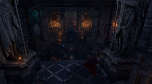 A dark and eerie temple in Baldur's Gate 3, featuring towering statues and a bloodstained floor filled with fallen warriors. Explore this grim fantasy world on Xbox Series X|S—get your activation key at RushGame.co!