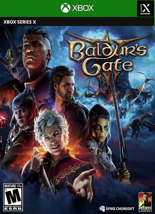 Cover art for Baldur's Gate 3 on Xbox Series X|S, showcasing key characters like Astarion, Lae'zel, and Shadowheart. Embark on your adventure—buy your game key now at RushGame.co!