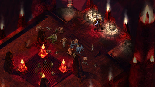 Intense dungeon battle in Baldur's Gate: Enhanced Edition, with adventurers facing off against demons amidst roaring flames. Experience this iconic RPG on PC Steam—purchase your activation key at RushGame.co!