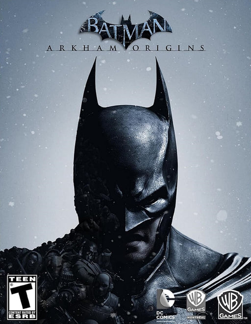 The official cover of Batman: Arkham Origins for PC Steam, featuring a close-up of Batman's dark and gritty cowl against a snowy backdrop. Get your Batman: Arkham Origins PC Steam CD Key now at RushGame.co and experience the origins of the Dark Knight.