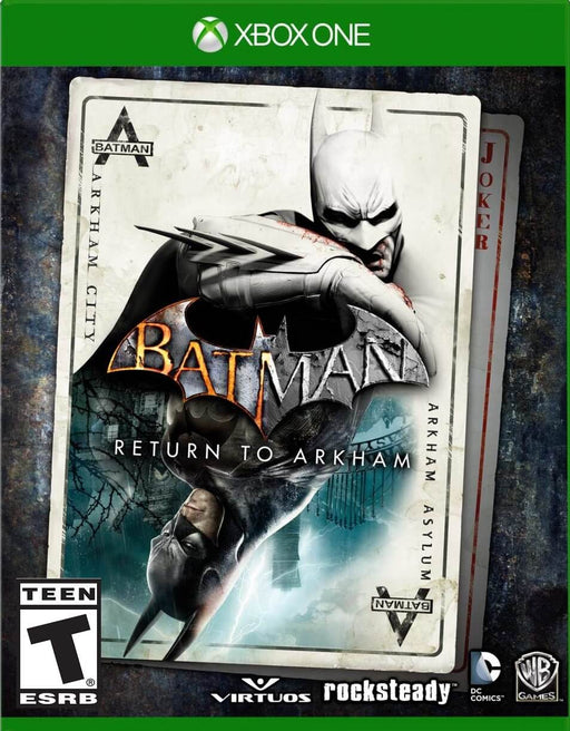 Official cover art for Batman: Return to Arkham on Xbox One, featuring Batman in a dark and gritty design with Arkham Asylum playing card motifs. Get your Batman: Return to Arkham Xbox One CD Key instantly at RushGame.co and dive into the remastered Arkham experience.