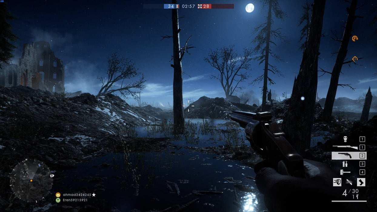 Intense nighttime battlefield in Battlefield 1 on Xbox One, showing a soldier aiming a revolver with a ruined structure in the background. Purchase your Battlefield 1 Xbox One CD Key at RushGame.co for instant access