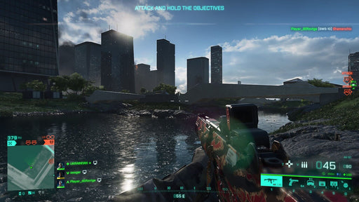 A battle in a flooded urban cityscape with a player holding a decorated AK-24 rifle.