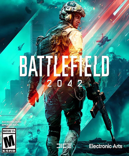 Official cover of Battlefield 2042 for Steam, showing a soldier in advanced gear walking through a warzone with futuristic aircraft in the background.