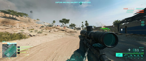 A high-intensity desert battle in Battlefield 2042, where a sniper surveys the battlefield for targets amidst smoke and gunfire.