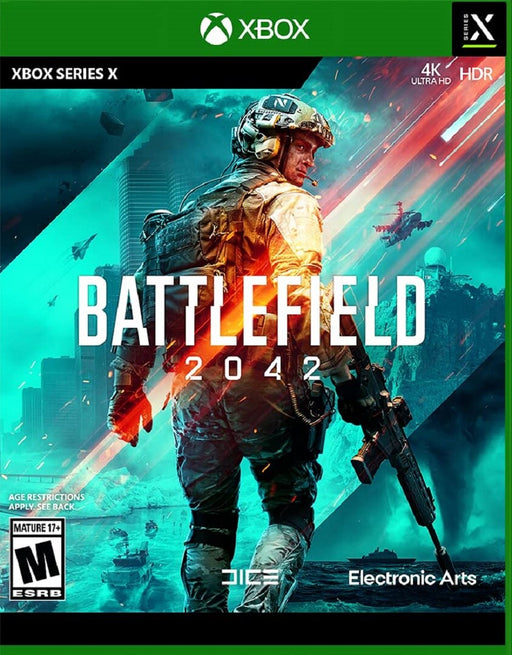 Battlefield 2042 Xbox Series X|S CD Key cover featuring an elite soldier in futuristic combat gear, with high-tech weaponry and explosions in the background.