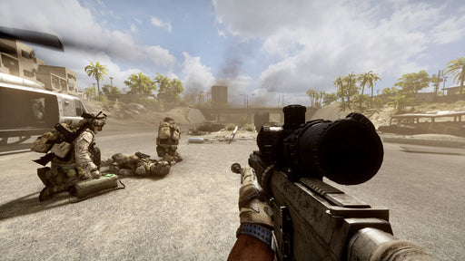 Battlefield 3 first-person combat scene in an urban park, with a soldier aiming at a burning vehicle in the distance