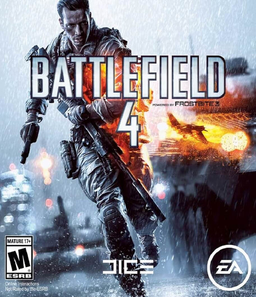 cover art for Battlefield 4 PC EA Play Origin CD Key, featuring a soldier running forward under heavy rain, with explosions and fire in the background, highlighting the intense action of the game. Available for purchase at RushGame.co