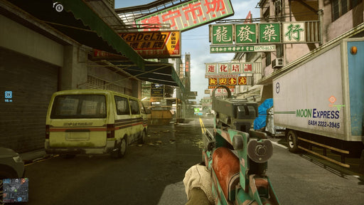 A first-person shooter perspective in Battlefield 4, showing a player navigating a dense urban environment with neon-lit Chinese signs and vehicles. The player's weapon is prominently displayed in the foreground