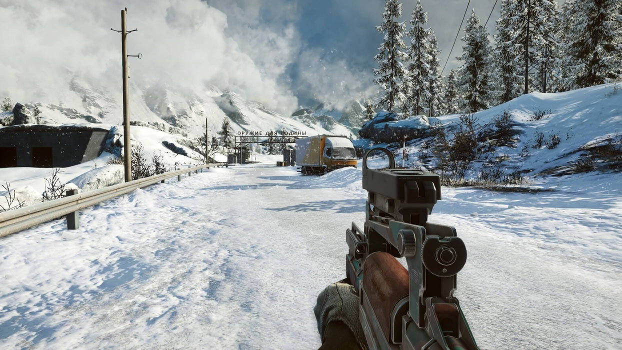 A snowy battlefield scene from Battlefield 4, featuring a first-person view of a soldier holding a customized firearm while approaching a remote military outpost in the mountains