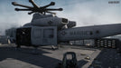 A detailed shot of a US Marines helicopter in Battlefield 4, stationed on a rooftop with soldiers ready for action. The player is holding a futuristic weapon while surveying the surroundings