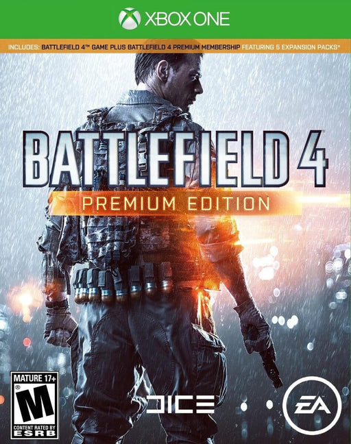 Cover art for Battlefield 4 Premium Edition on Xbox One, featuring a soldier standing in the rain with his back turned, gripping a pistol, while an orange glow highlights his armor.