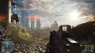 Battlefield 4 Xbox One Gameplay – City Combat Scene – A soldier aiming his rifle toward a futuristic city with tall buildings and flocks of birds flying in the sky. The sunset and intense battle atmosphere highlight the realism of Battlefield 4. Available at RushGame.co