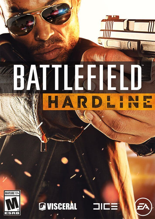  Battlefield Hardline PC cover art, featuring a close-up of a sunglasses-wearing officer aiming a pistol at the viewer. The game’s title, publisher (EA), and developers (DICE, Visceral Games) are prominently displayed. Buy the Battlefield Hardline PC EA Play Origin CD Key now at RushGame.co for instant delivery