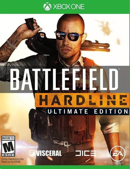 Battlefield Hardline Ultimate Edition cover for Xbox One, featuring a tough police officer armed and ready. Get your Battlefield Hardline Ultimate Edition CD Key at RushGame.co