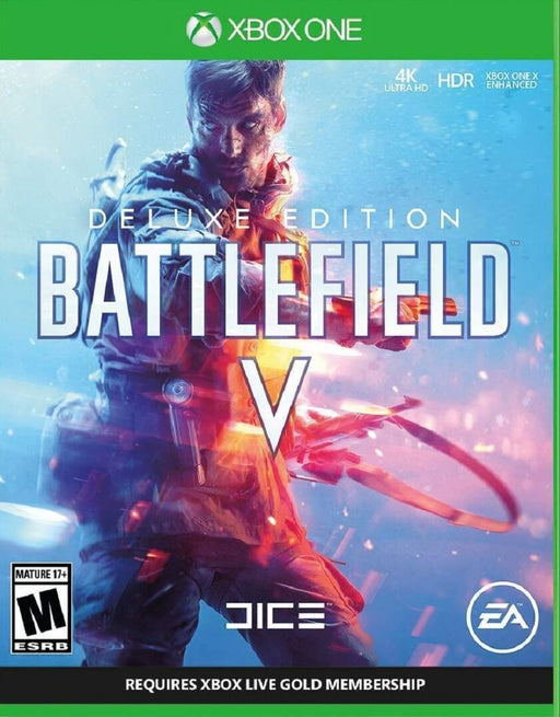 cover for Battlefield V Deluxe Edition on Xbox One, featuring a soldier in action with a dramatic blue and red lighting effect. Get your digital game key now at RushGame.co