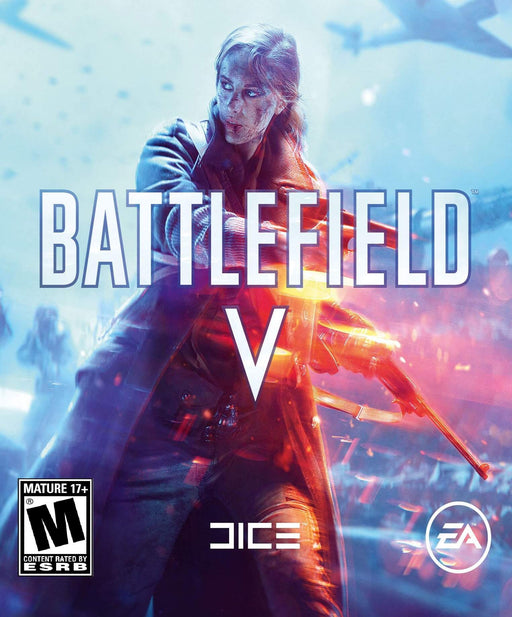 Battlefield V PC EA Play Origin CD Key cover featuring a determined female soldier in combat, gripping a weapon with a battlefield ablaze behind her. Get your digital game key at RushGame.co for instant activation.