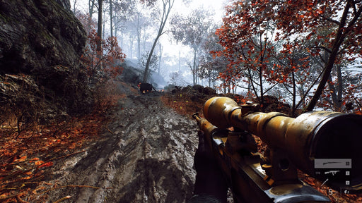  A stunning in-game screenshot from Battlefield V, showing a sniper rifle with a golden scope aimed down a muddy path lined with autumn-colored trees. The atmospheric lighting and realistic terrain highlight the game's impressive graphics. Buy Battlefield V CD keys at RushGame.co for the ultimate FPS experience