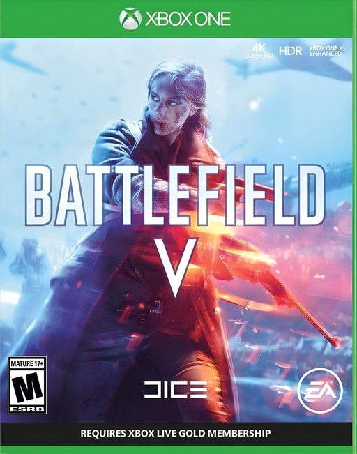 cover art for Battlefield V on Xbox One, featuring a fierce female soldier in a war-torn environment, illuminated by dynamic blue and red lighting. The game supports 4K Ultra HD and HDR for enhanced visuals. Buy Battlefield V Xbox One CD keys at RushGame.co for an instant digital download