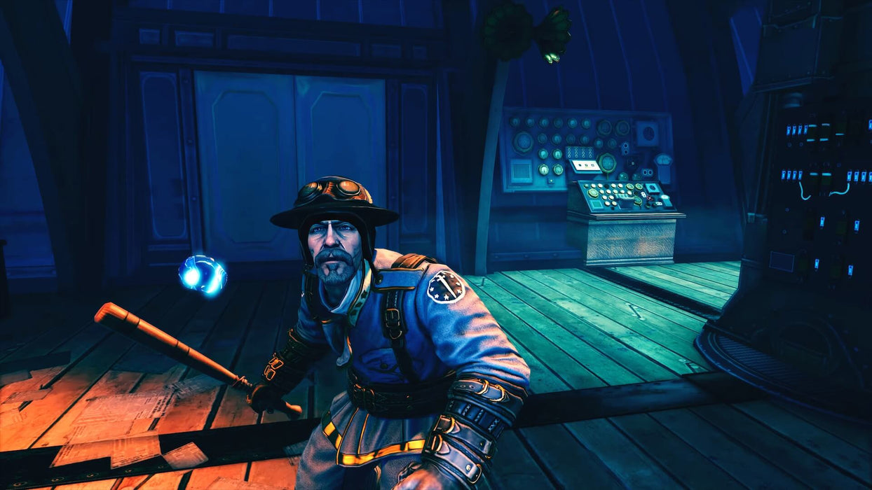 A tense moment from BioShock Infinite on PC, featuring a steampunk-style enemy in a blue uniform, gripping a bat and preparing to attack. The atmospheric lighting and detailed environment add to the game's immersive storytelling. Get your Steam key now at RushGame.co